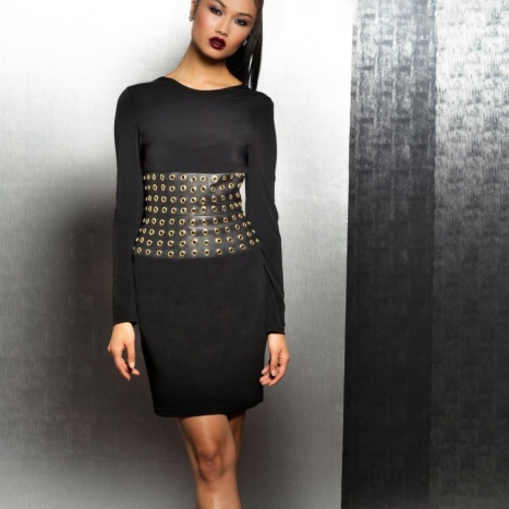 Jovani Faux Leather Long Sleeve Low Back Black Dress Size 10 Cocktail Mini Sexy - Picture 12 of 12